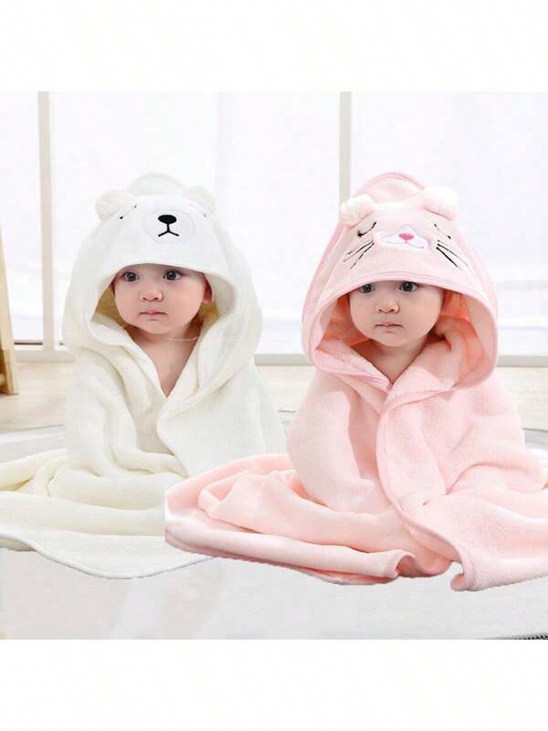 2 Pieces Set Of Baby Bath Towels, Neutral Baby Animal Face Hooded Towel, Unique Animal Design, Baby Cape, Ultra Soft Newborn Bath Towel, Suitable For All Seasons, Children's Soft Coral Fleece Cartoon Bathroom Supplies, Bath Wrap Towel