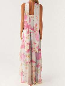 Women Casual Tube Dress Summer Solid Color/Floral Print High Low Ruffles Dress With Scarf For Cocktail Streetwear - 白色 - 查看 7