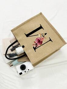 Floral Pattern Black Letter A-Z Print Linen Tote Bag, Small With Buckle Handle, Large & Small Set, Minimalist Travel Bag, Cosmetic Bag, Large Capacity Travel Makeup Bag, Casual Carry-On Tote, Shopping Bag, New Design, Suitable For Shopping Tote, Lunch Bag, Multi-Purpose Portable Tote, Ideal Gift For School, Picnic, Family, Friends, Parents, Classmates
