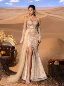 Faeriesty Vestido de noche elegante con escote de lentejuelas con efecto de esmalte, con cobertura de manga desprendible, panel lateral asymmétrico y vestido de Mermaid con abertura alta en el muslo - perfecto para galas de corbata negra, recepciones de boda de lujo, eventos de alfombra roja, fiestas de Año Nuevo, bailes ejecutivos de caridad