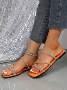 Women's Fashion Rhinestone-Decor Flat Strap Sandals, Versatile For Beach, Dating, Shopping, Party, Business, Summer - Orange - View 3
