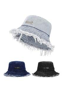 1pc Unisex Fashion Tassel Trim Denim Bucket Hat