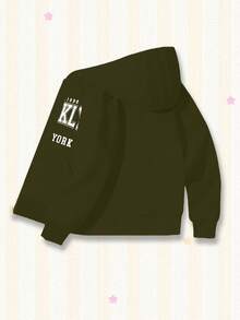 秋冬新品，儿童柔软棉质休闲街头风连帽外套，男女通用宽松透气拉链运动衫，带口袋，创意城市名称标语图形印花 - 軍綠色 - 查看 3