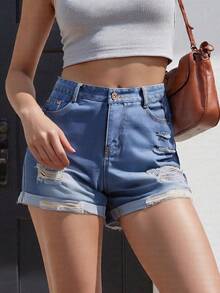 Women's Denim Shorts Stylish Ripped Design Slim Fit Mid Rise Jean Shorts For Summer - 天藍色 - 查看 7
