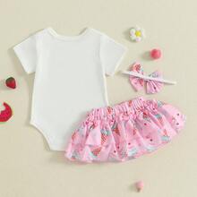Half Way To One Newborn Baby Girls Birthday Outfits Letter Print Romper Bodysuit Top + Strawberry/Ice Cream/Orange/Watermelon Print Shorts + Bow Headband 3Pcs Clothes Set - 粉色 - 查看 6