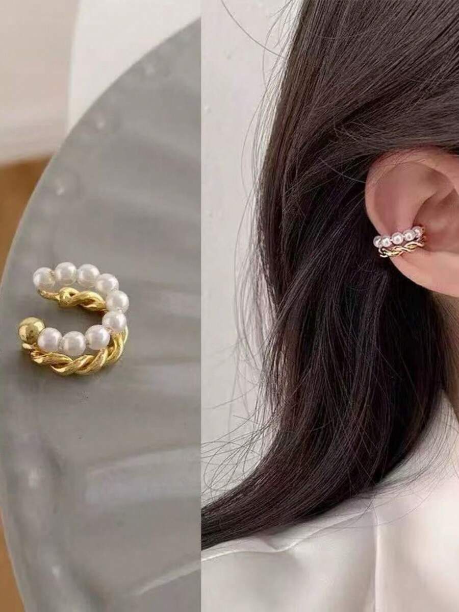 Gold-Plated Copper Faux Pearl Ear Cuff, Minimalist Elegant Double-Layer Clip-On Earrings For Women, No Piercing Required