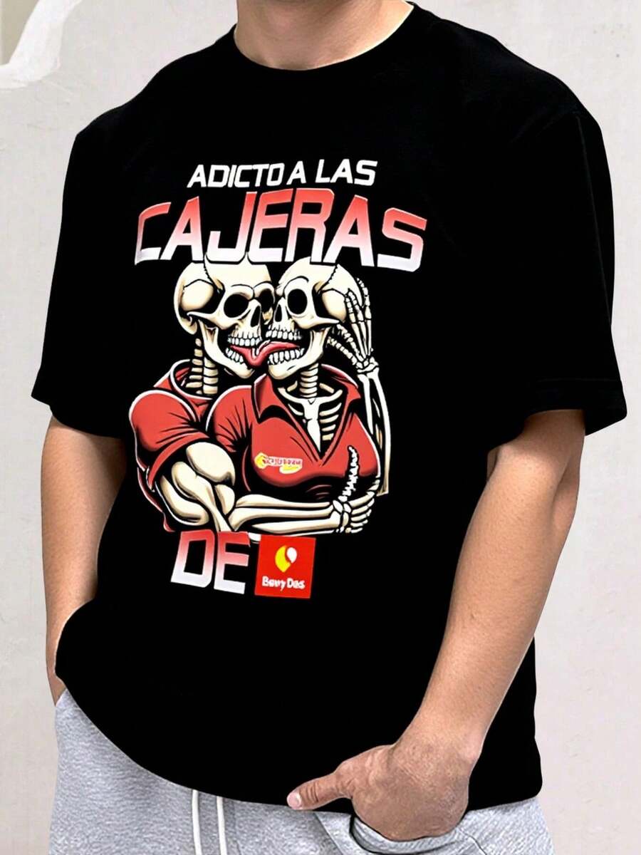 Playera 100% Algodón Peinado Con Temática de Calacas Enamoradas De Cajeras Soriana Ideal Para Todo Tipo De Usos, Climas, Eventos, Regalos - Negro - Ver 1