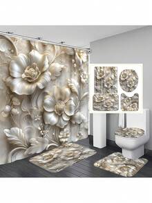 1pc/4pcs Premium 3D Embossed Floral Bathroom Curtain & Mat Set, Modern Minimalist Shower Curtain 70.8x70.8in With 12 Hooks, Non-Slip Bath Mat, U-Shaped Toilet Lid Cover, Bathroom Decor, Bath Accessories, Home Furnishing Christmas Decor