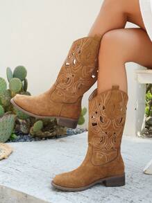 Damen Stiefel bis zur Wade mit Stickerei, neue kurze Stiefel für Frühling/Herbst, Stiefel mit Plateauabsatz im Vintage Stil, Cut Out Western Langstiefel, Sommerstrand