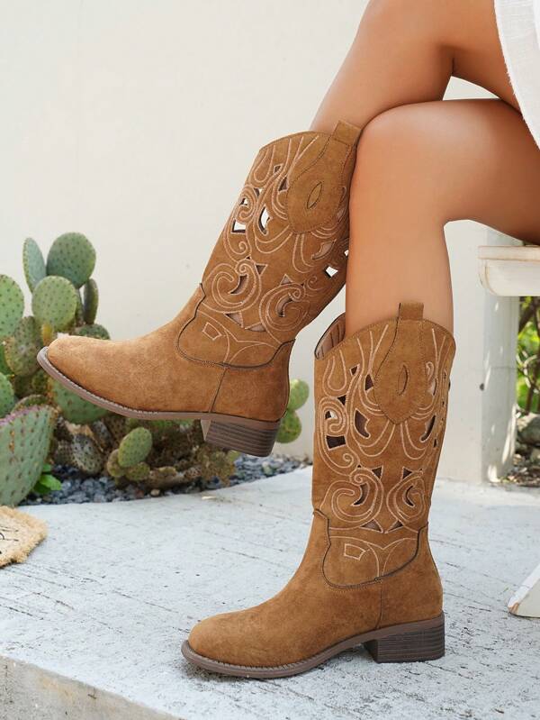 Women's Mid-Calf Boots With Embroidery, New Spring/Autumn Short Boots, Chunky Heel Vintage Boots, Hollow Out Western Long Boots, Summer Beach