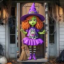 1pc (35*70inch/90*180cm) Polyester Halloween Door Banner Decoration, Cute 2D Cartoon Style Green Witch & Cat Design, Suitable For Home, Garden, Yard, Indoor/Outdoor Party Decor