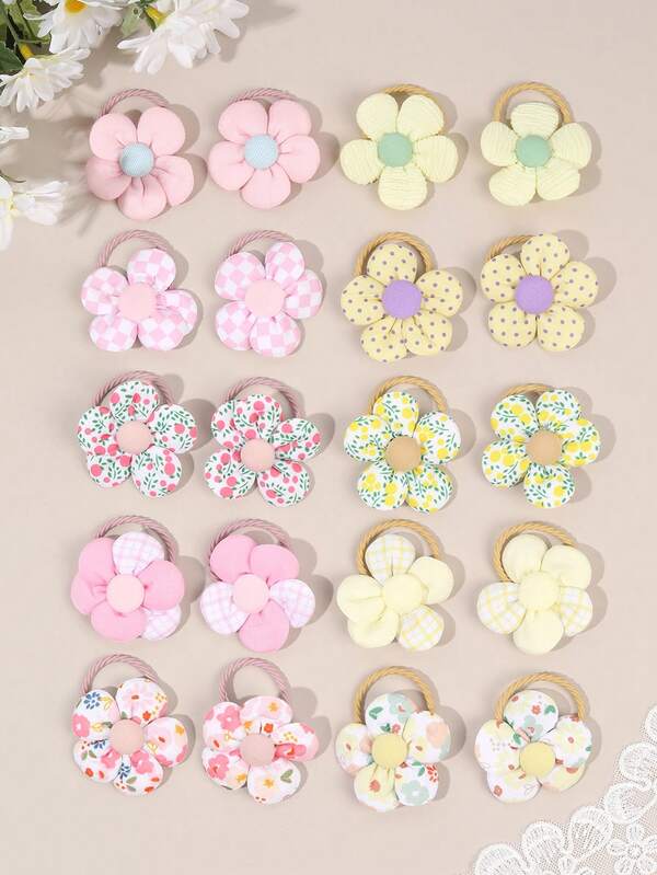 10pcs Pink Yellow Hair Ties For Girls Cute Blue Flower Hair Ropes For Girls Elastic Hair Ponytail Holder Flower Hair Elastics Stretchy Bands Kids Baby Hair Accessories