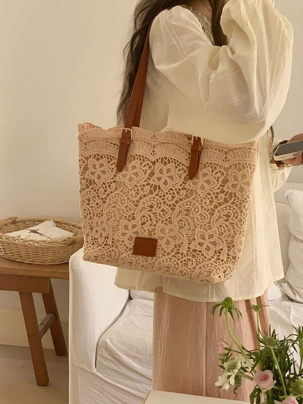 Bolsa Sacola de Renda Fada para Mulheres, 2025 Nova Casual Comunidade Grande Capacidade Suave Francesa Bolsa de Ombro & Bolsa