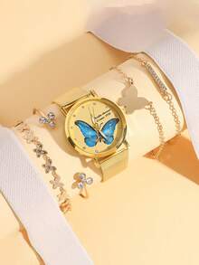 5pcs/Set Teenage Cute Butterfly Pattern Dial Delicate Strap Quartz Watch + Butterfly Rhinestone Bracelet Set, Suitable For Birthday, Graduation Gift, Daily Wear (No Box) - Gold - View 3