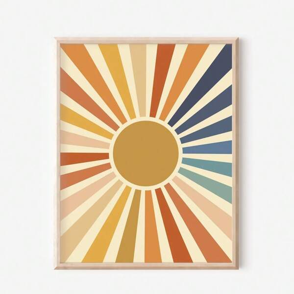 1 Pc, Wall Arts, Modern Posters, Bohemian Sun Print, Stylish Sun Print Wall Art, Bohemian Sun Decor, Colorful Nursery Decor, Children's Room Art Print, Unframed ,Wall Art With Frame