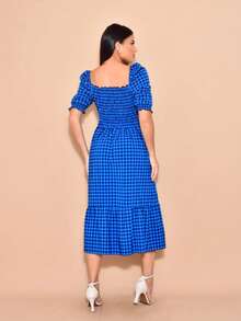 Helena Plaid Crepe Midi Dress With Short Sleeves - azul real - Ver 2