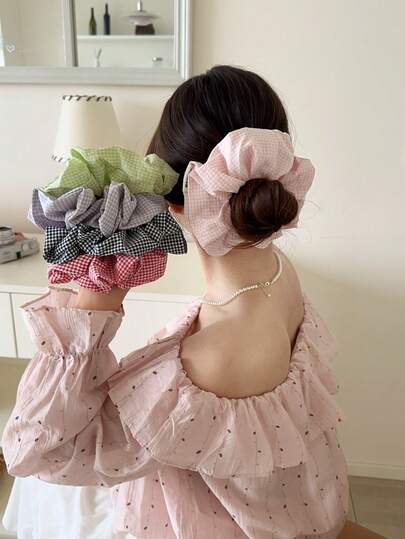 Korean Style Cute Dopamine Plaid Large Scrunchie Gentle Soft Bun Elastic Hair Ties Ponytail Holder, New Design Scrunchies Scrunchy Hair Ties Head Accessories Elastic Band Beauty Home Hair Accessories