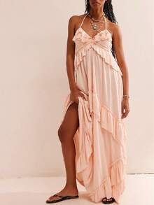 Womens Summer Spaghetti Strap Long Dress Boho Low Cut Dress Backless Flowy Midi Dress Bohemian Maxi Dresses Beachwear - Màu be - Xem 1
