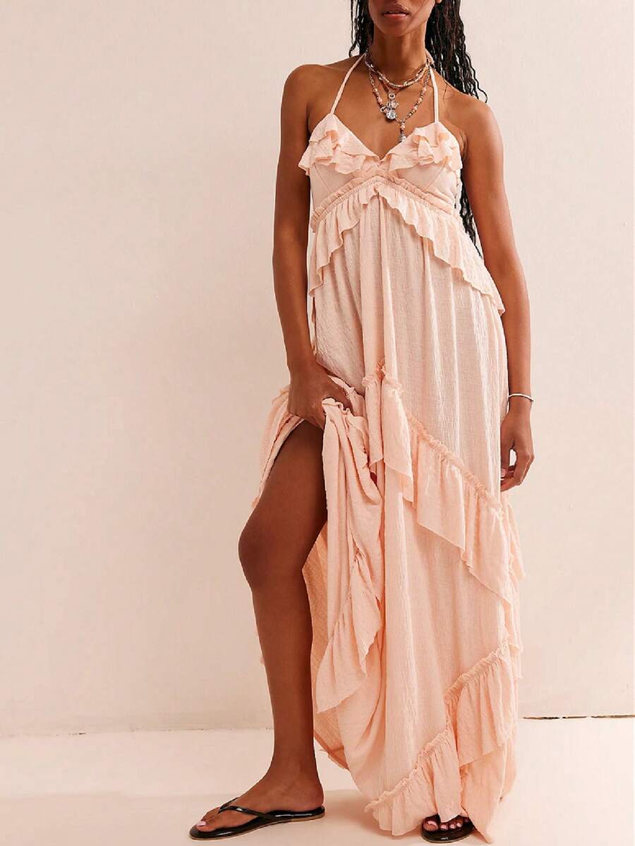Womens Summer Spaghetti Strap Long Dress Boho Low Cut Dress Backless Flowy Midi Dress Bohemian Maxi Dresses Beachwear - Màu be - Xem 1