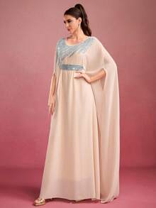 Women Solid Color Sequin Decorative Belt Crew Neck Elegant Long Arabic Abaya, Modest - Apricot - View 4