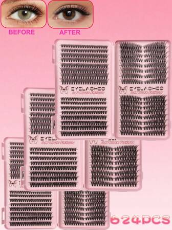 642pcs Eyelash Extension Mixed Set, 8-16mm Length, 0.07mm Thickness, C/D Curls, 624Pcs Waterproof Mink Lashes, Voluminous & Curly, Suitable For Daily Makeup Or Occasions