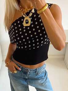 Polka Dot Print Tops For Womens Y2K One Shoulder Cropped Tank Tops Going Out Tops T Shirts Summer Streetwear Aesthetic Clothes - 黑色 - 查看 3