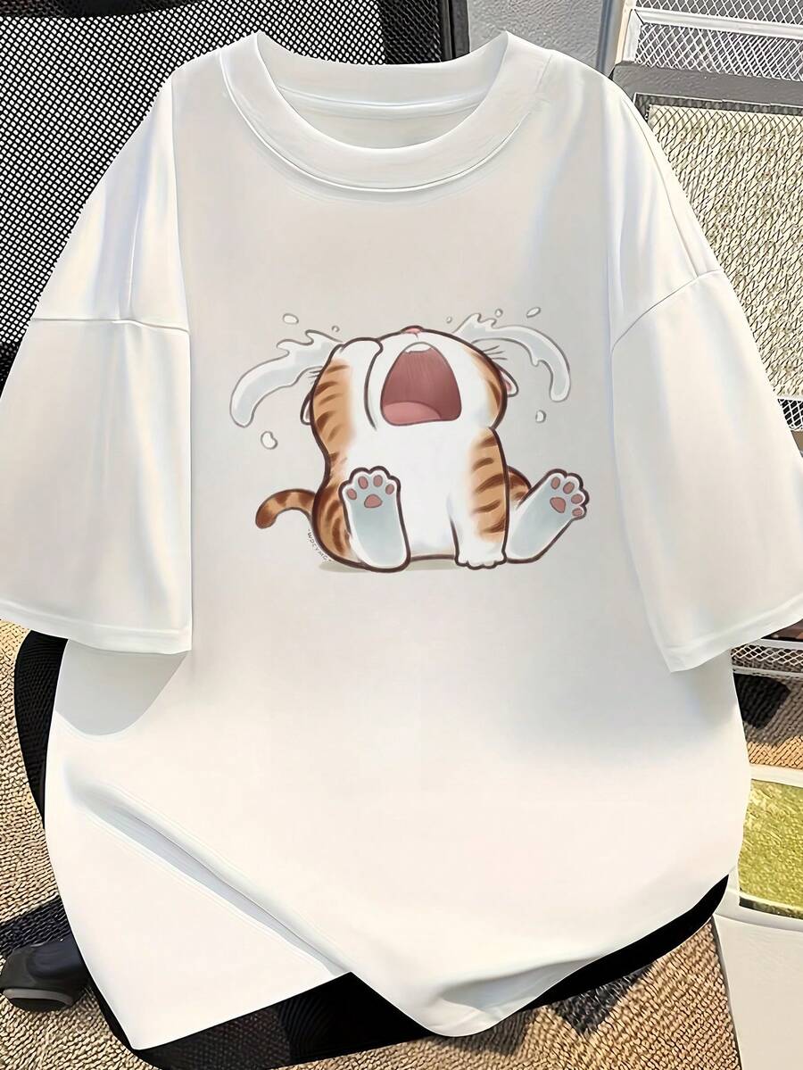 Women's Loose Black Printed T-Shirt - Short Sleeves, Loose Fit, Machine Washable, Japanese Text, Panda Pattern Design