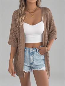 Áo khoác len cardigan dệt kim tay ngắn khoét rỗng nhẹ mùa hè mới cho kỳ nghỉ bãi biển chống tia UV dành cho nữ - Lạc đà - Xem 3