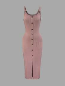 Vestido de tirantes finos con diseño de botones y bajo dividido de unicolor, elegante rosa para primavera/verano - Rosa - Ver 7