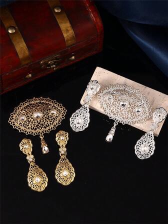 1 Set Of Fashionable French Women's Brooch, Earrings & Jewelry Set, Hollow Carving Rhinestone Inlaid Moroccan Lady Party Jewelry Set, Gift
