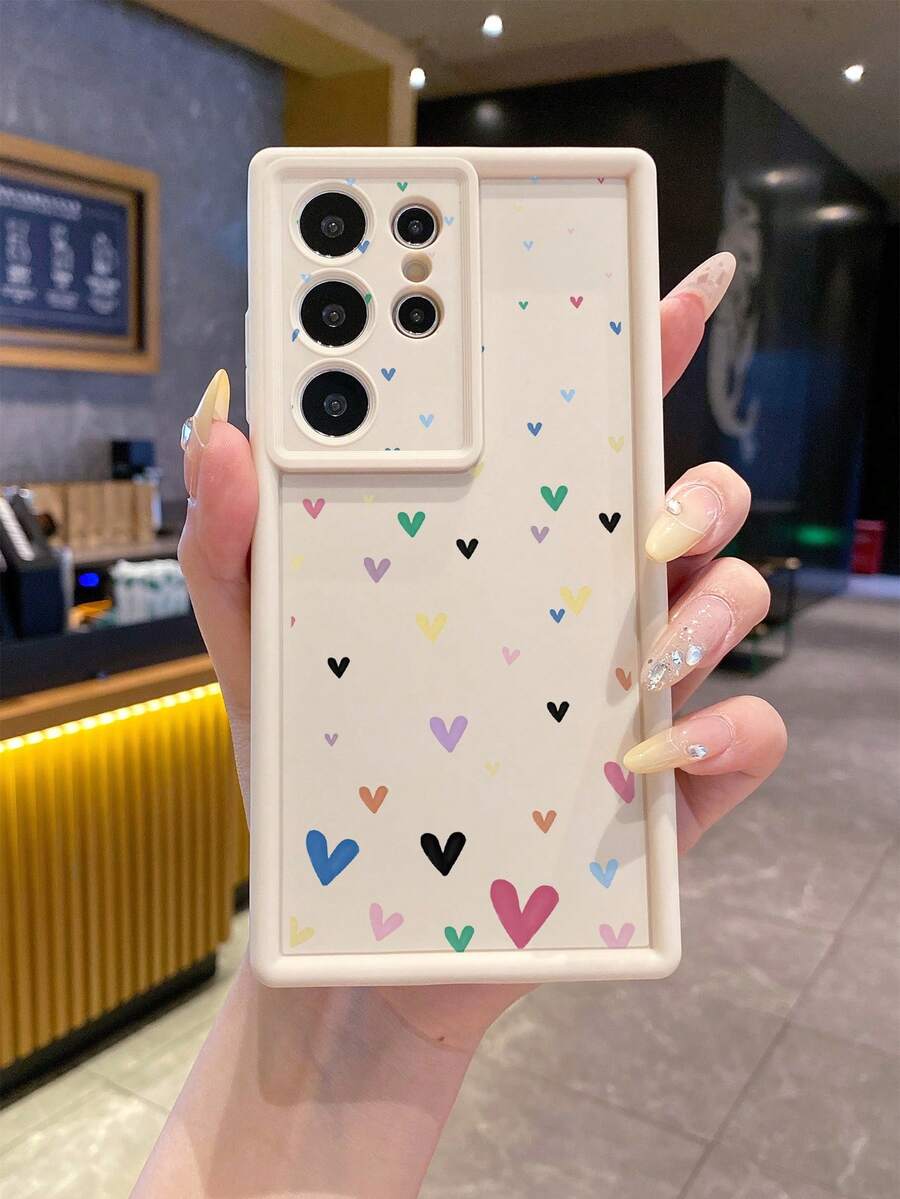 1pc Beige Sandblasted Lens Protective Anti-Fall Phone Case With Multiple Mini Heart Pattern, Compatible With Apple///Compatible With Redmi/Compatible With Infinix/Compatible With Vivo - Beige - View 1
