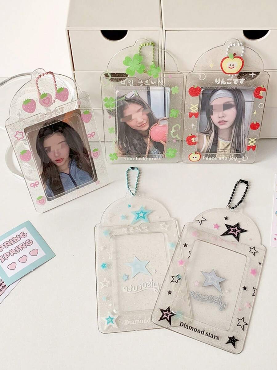 INS Transparent Four-Leaf Clover Short Card Holder With Glitter Fruit Cartoon Design, Student ID Card Pouch - Multicolor - View 1