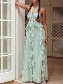 Womens Boho Maxi Dress Y2k Backless Cutout Ruffle Flowy Long Dresses Strapless Beach Party Sundress - Màu xanh lam - Xem 1