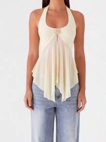 Women Fashion Sleeveless Halter Tops Summer Tie Up Backless Sheer Mesh Split Shirts For Streetwear Aesthetic Clothes - 黃色 - 查看 2