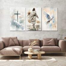 Ensemble de 3 peintures murales sur canevas moderne et simple encadrées, art biblique. Affiche de Jésus marchant sur l'eau, croix chrétienne. Convient pour le salon, la salle de bain, la chambre, l'hôtel, le B&B, l'appartement, la villa, la galerie, la salle de classe, le couloir, le studio, la chambre d'enfant, le bureau, la salle de prière. Prêt à accrocher pour la décoration de la maison.
