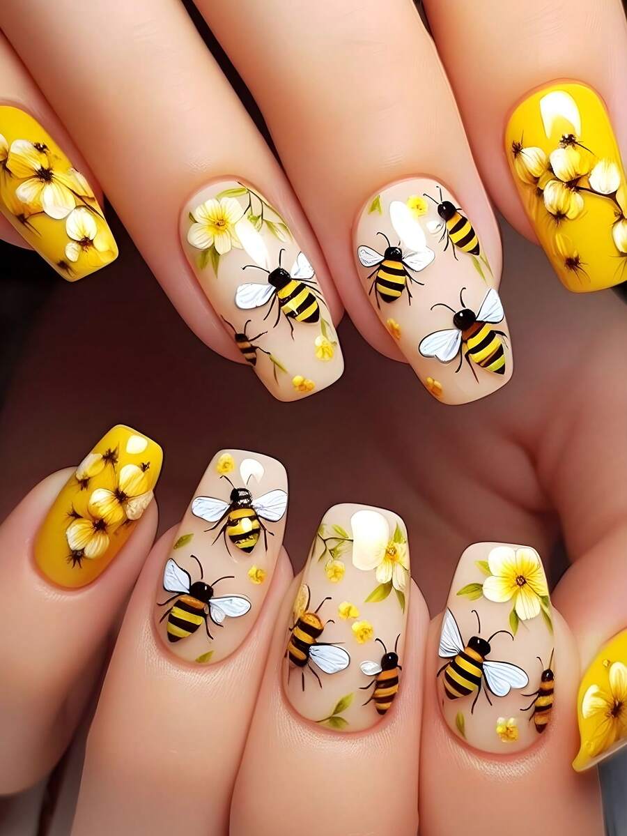 24Pcs Coffin Shape Long Fake Nails Set With Floral & Bee Design, Suitable For Party, Wedding Or Daily Wear Press On Nails Nail Supplies Nails - Yellow - View 1