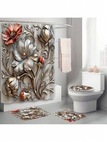 1pc/4pcs Premium 3D Embossed Floral Bathroom Curtain & Mat Set, Modern Minimalist Shower Curtain 70.8x70.8in With 12 Hooks, Non-Slip Bath Mat, U-Shaped Toilet Lid Cover, Bathroom Decor, Bath Accessories, Home Furnishing Christmas Decor