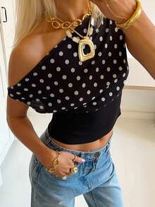 Polka Dot Print Tops For Womens Y2K One Shoulder Cropped Tank Tops Going Out Tops T Shirts Summer Streetwear Aesthetic Clothes - 黑色 - 查看 1