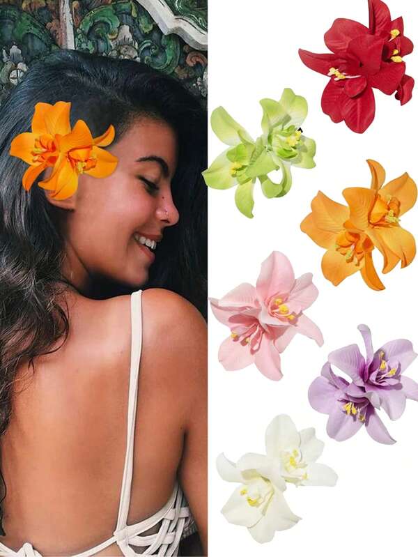 6pcs/1pc 6 Colors Artificial Flower Hair Clips, Bohemian Flower Hairpin Hawaiian Hairpin For Seaside Holiday, 3.5 Inch Bridal Hair Bobby Pins Headwear For Women(Twin Flowers) Halloween