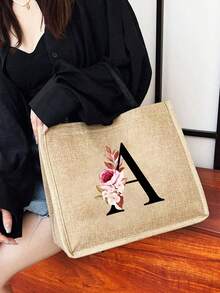 Floral Pattern Black Letter A-Z Print Linen Tote Bag, Small With Buckle Handle, Large & Small Set, Minimalist Travel Bag, Cosmetic Bag, Large Capacity Travel Makeup Bag, Casual Carry-On Tote, Shopping Bag, New Design, Suitable For Shopping Tote, Lunch Bag, Multi-Purpose Portable Tote, Ideal Gift For School, Picnic, Family, Friends, Parents, Classmates