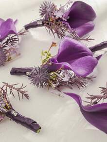 6pcs/1pc Purple Calla Lily Flower Polyester Fiber Boutonniere, Romantic Mori Style, Suitable For Groom, Bridesmaid, Wedding, Party, Anniversary Decoration Valentine's Day Accessories