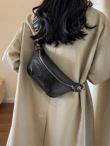 [Chic 2025 时尚单肩包] 咖啡色/深棕色/黑色几何印花宽肩带斜挎胸包 - Chic 2025 女士时尚单肩包 - PU 材质配涤纶衬里，都市风格