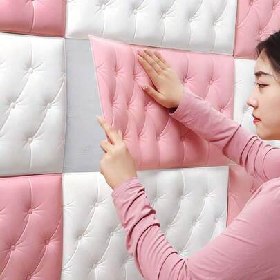 4片装3D立体自粘XPE泡沫墙纸，防水防潮仿皮纹理，床头防撞软垫墙贴，可重复使用和裁剪，适用于卧室和客厅墙面装饰，隔音加厚墙面，家居装饰墙纸