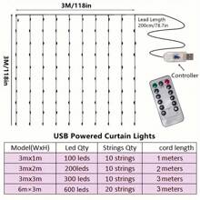 1 Stück USB Vorhang Lichterkette, 8 Beleuchtungsmodi, warm/weiß/farbwechselnd, mit Fernbedienung, geeignet für Zuhause, Schlafzimmer, Weihnachtsbaum, Halloween, Erntedankfest, Hochzeitsfeier, Innendekor, Weihnachtsgeschenk