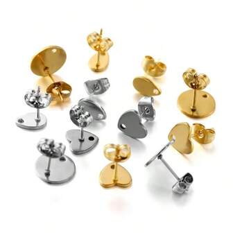 10pcs Stainless Steel Heart Drop Round Ear Studs Blank For DIY Earrings Base Jewelry Making Hole Dangle Charm Accessories Supplies