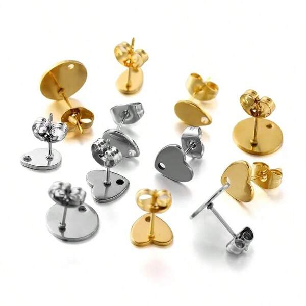 10 piezas de base de pendientes de metal inoxidable con forma de corazón y redondo para hacer joyas DIY, accesorios con agujero para colgantes
