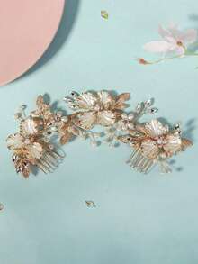 1pc Women's Designer Elegant Double Comb Hair Decoration Headband, Private Collection Style Two-Tone Leaf Garden Bridal Hair Accessories, Wedding Hair Comb Tiaras Valentine's Day Accessories - Gold - View 5