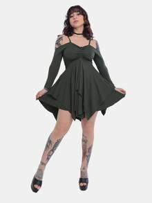 Green Asymmetrical Dress With Points – Fairy Style Ether By Spookies Simple Elegant Party Buttons Front Asymmetrical Tie - 軍綠色 - 查看 1