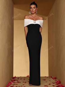 FEELAIR New Women Sexy Off-Shoulder Black & White Color Block Diamond Buckle Embellished Tight Maxi Bandage Dress, Fashion Lady's Holiday, Wedding, Party, Formal Occasion Gown