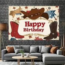 Birthday Backdrop Design With Denim Elements Surrounding "Happy Birthday" Text, Suitable For Indoor And Outdoor Celebration Activities Decor, Party Decoration, Photography Background, Selfie Wall